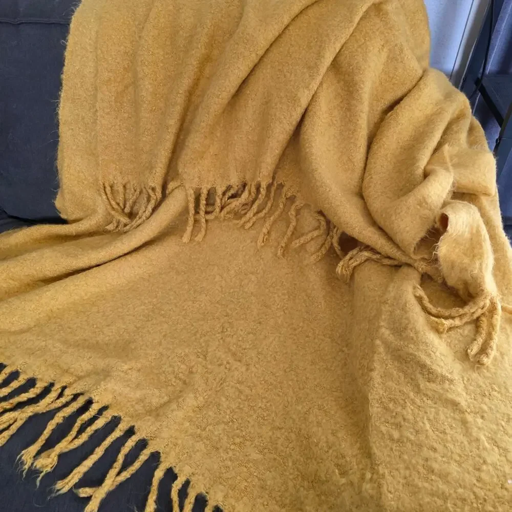 Pottery Barn Cozy Mustard Yellow Fringe Throw Blanket 50